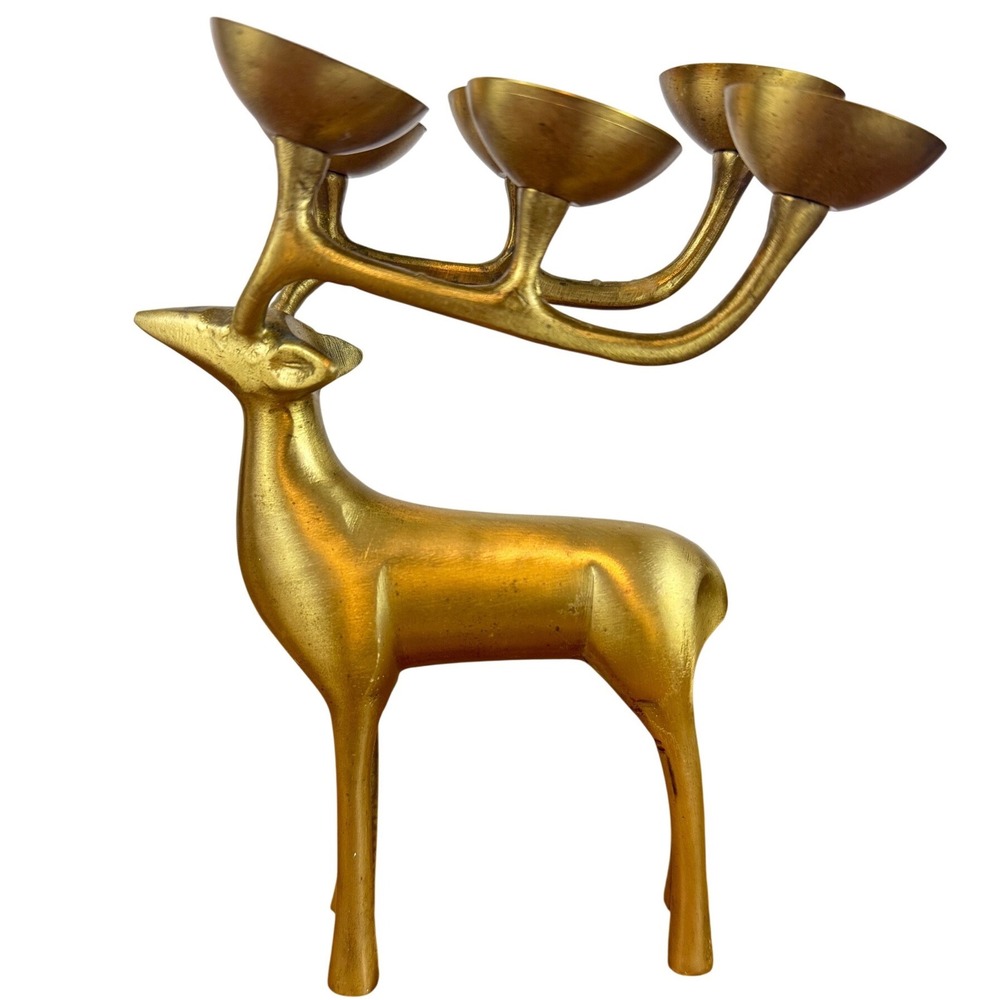 Vintage Mid Century‎ Modern MCM Solid Brass Heavy Reindeer 8" Tea Light Holder